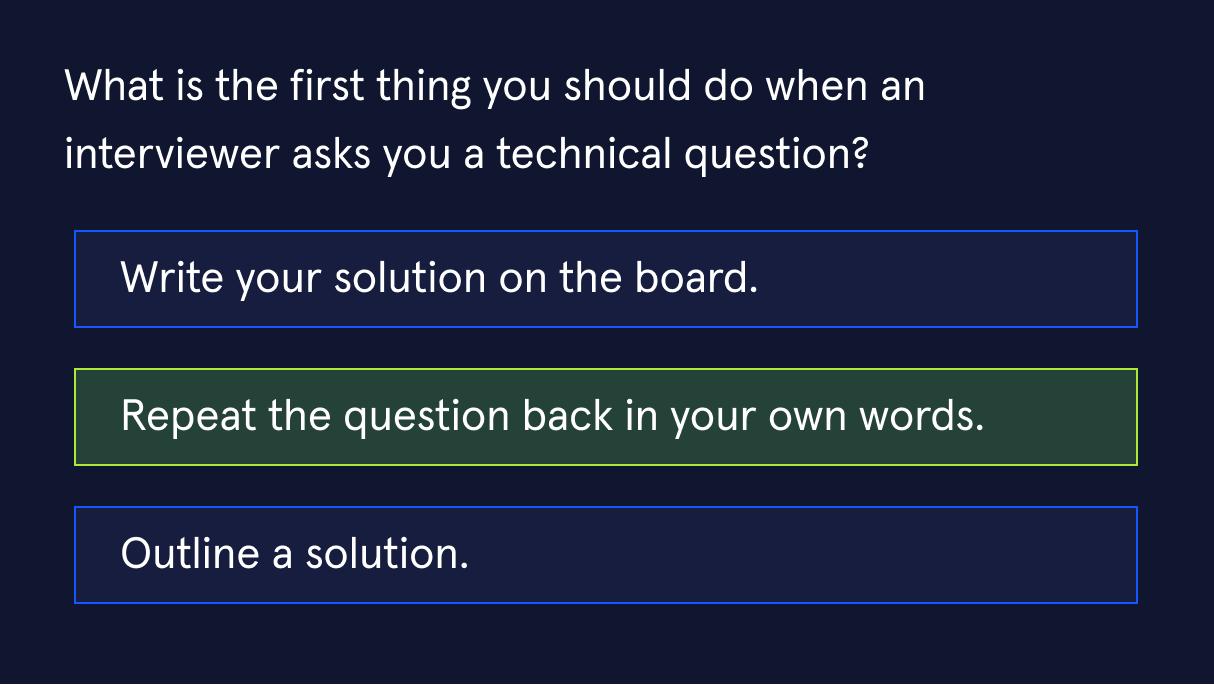 Develop the confidence that comes from knowing how to answer any question. [Learn more.](https://www.codecademy.com/catalog/subject/interview-prep "Interview prep")