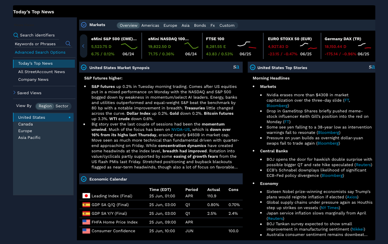 FactSet StreetAccount 뉴스 화면 (다크 테마)