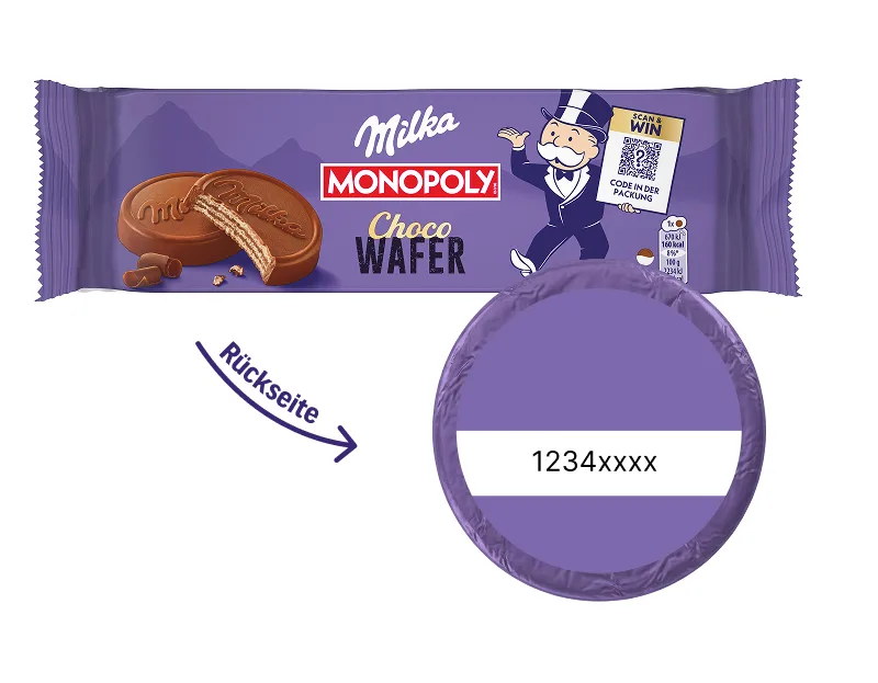Milka Choco Wafer: Code auf dem weißen Sticker bei jedem Milka Choco Wafer