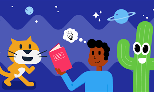 Illustration depicting Scratch the Cat, a cactus, and a person reading a book.