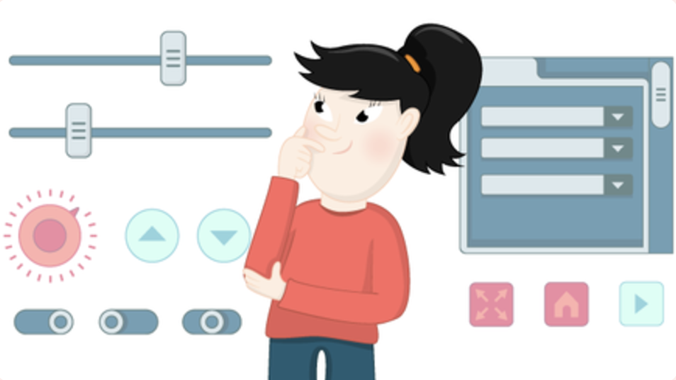 Illustration of a girl looking at buttons and components from a computer.