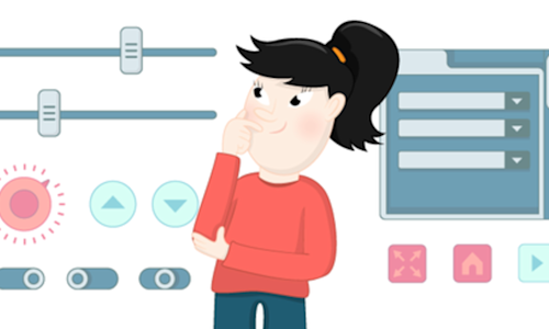 Illustration of a girl looking at buttons and components from a computer.