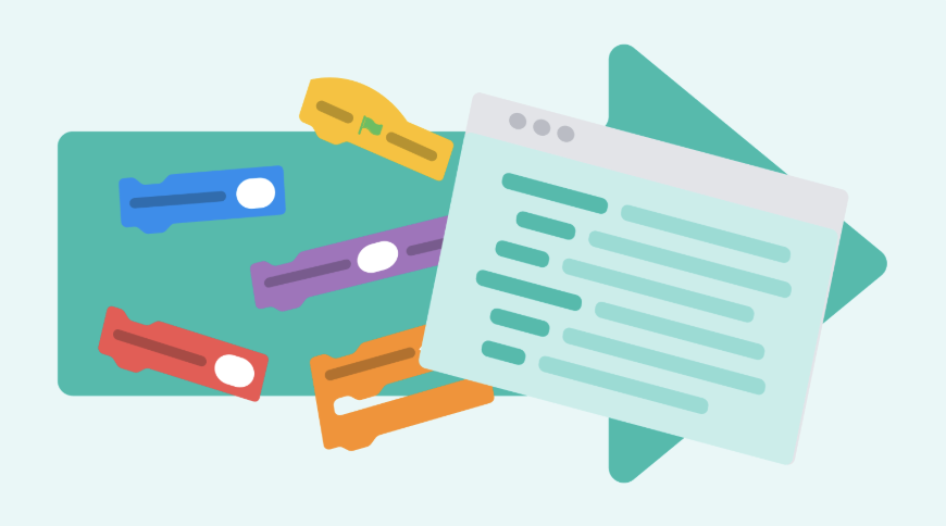 An illustration depicting an arrow pointing from Code Blocks to text based code