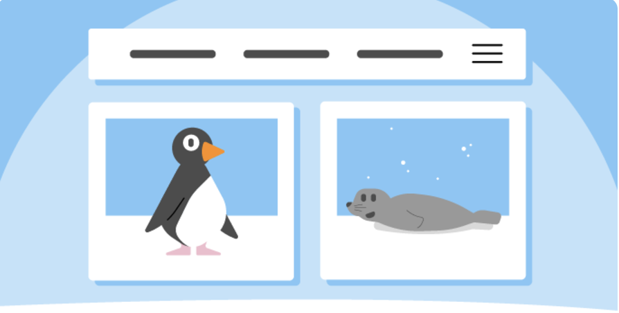 Illustration of a website showing a picture of a penguin and a seal