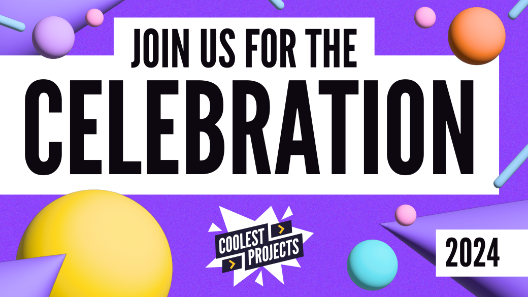 Purple banner with colourful dots inviting people to join us for the Coolest Projects live stream celebration.