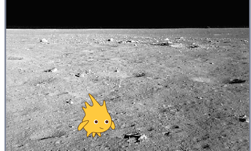 Screenshot of a Scratch project showing a yellow sprite on a backdrop of the moon's surface.