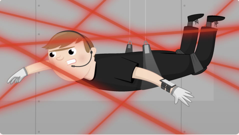 An illustration of spy character suspended amongst red laser beams