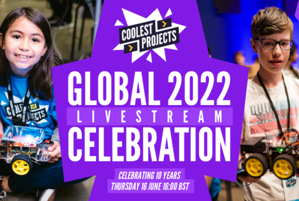 A boy and a girl holding DIY car robots with the text Coolest Projects Global 2022 Livestream Celebration. Thursday 16 June 16:00 BST