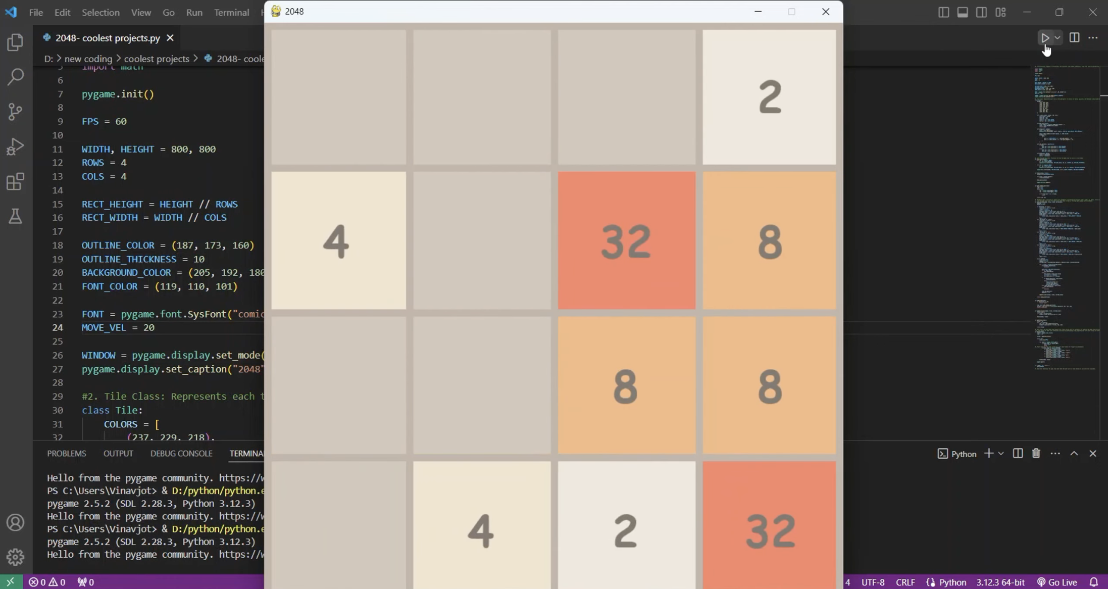 A screenshot of squares on a game board and the python code used to make it.