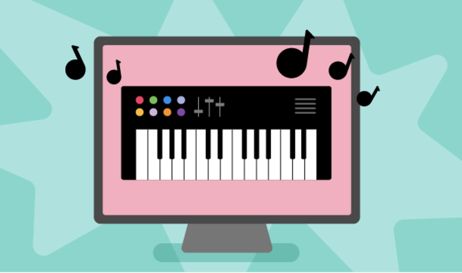 Illustration of a computer screen showing a piano keyboard and musical notes.