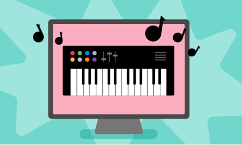 Illustration of a computer screen showing a piano keyboard and musical notes.