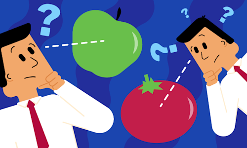 Two illustrated people looking at a green apple and a red tomato