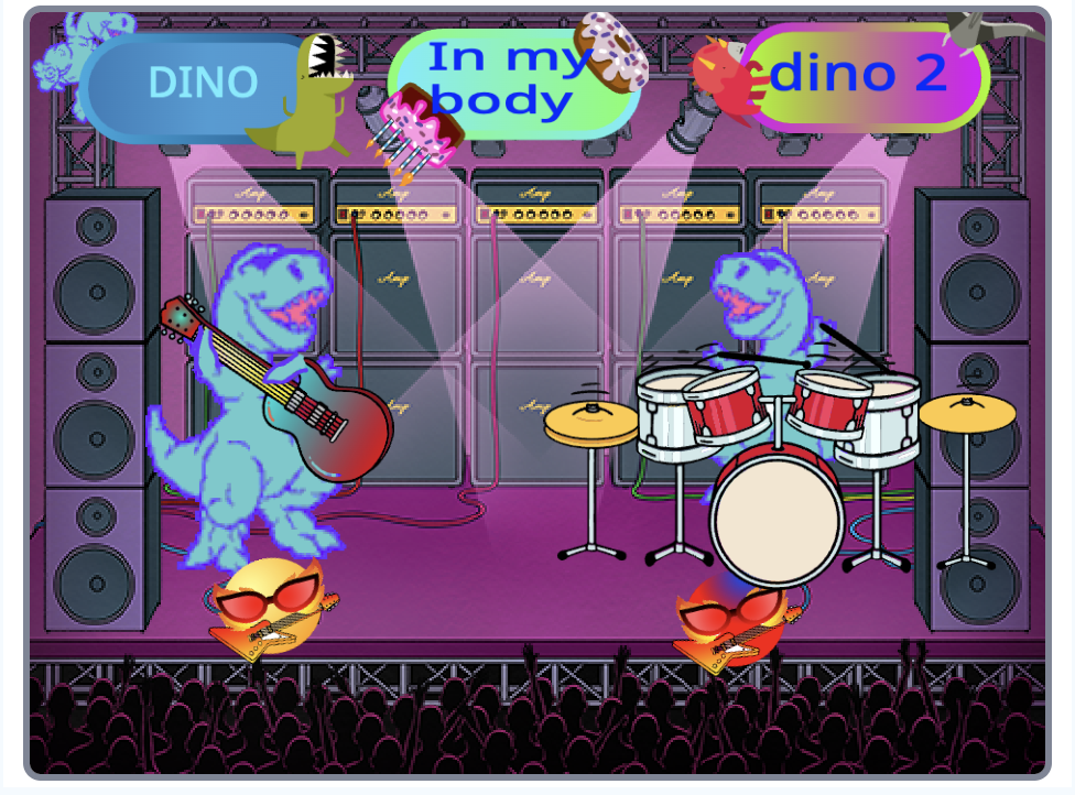 Screen shot of a Scratch project with two dinosaurs playing musical instruments.