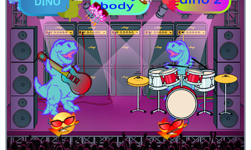 Screen shot of a Scratch project with two dinosaurs playing musical instruments.