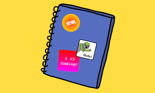 Illustration of a notebook with coding stickers on the cover