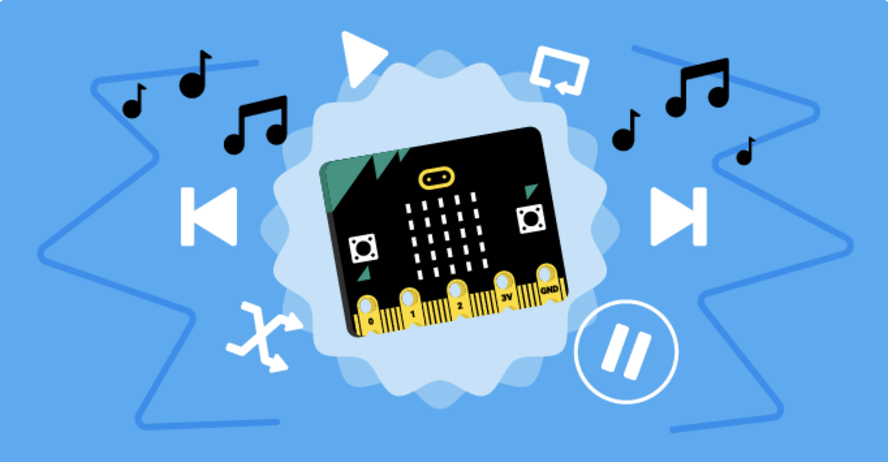 An illustration of a Micro:bit, surrounded by musical notes and music control icons