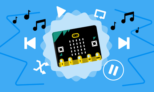 An illustration of a Micro:bit, surrounded by musical notes and music control icons