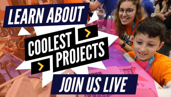 Two kids with the text "Learn About Coolest Projects. Join us live"