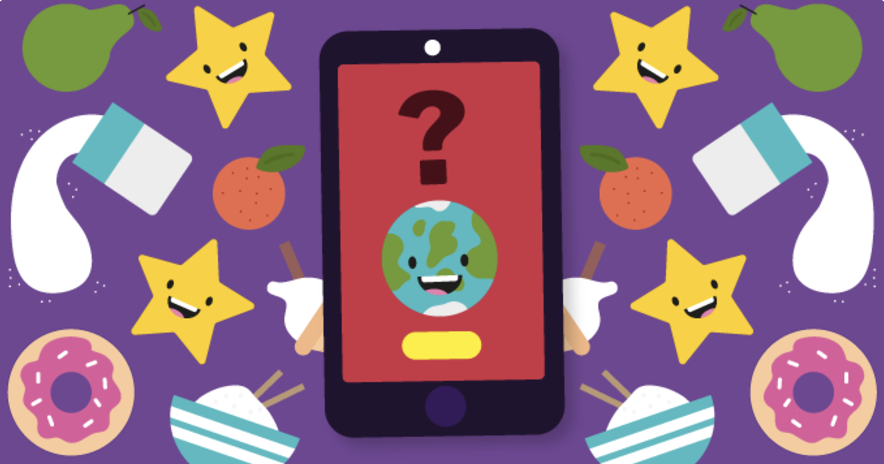 An illustration of a smart phone depicting the earth, surrounded by illustrations of food and stars
