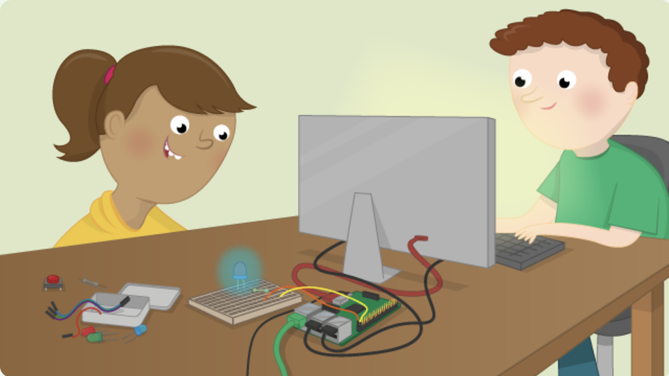An illustration of two creators working a raspberry pi and a breadboard to light up an LED