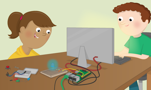An illustration of two creators working a raspberry pi and a breadboard to light up an LED