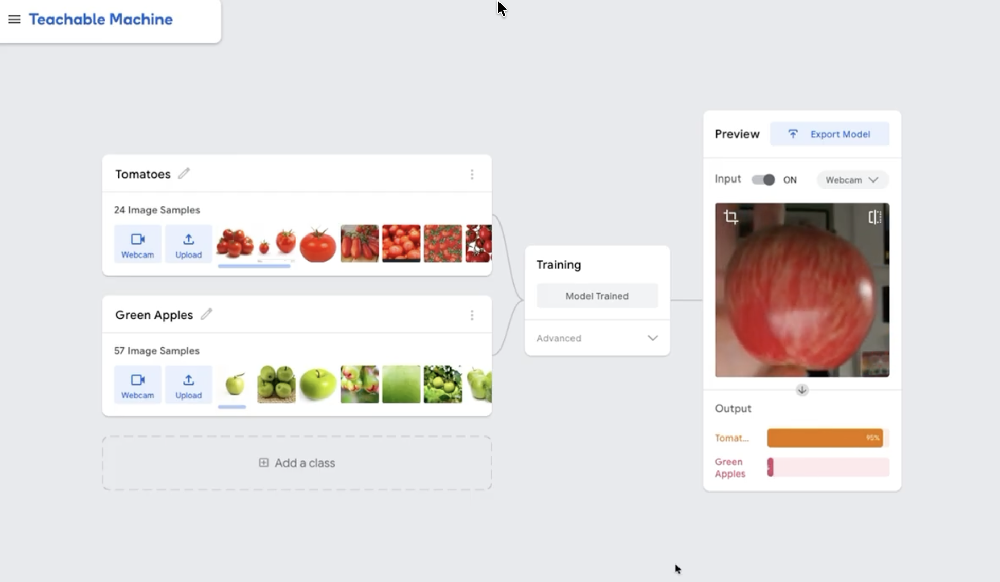 A screenshot of Teachable mistaking a red apple for a tomato