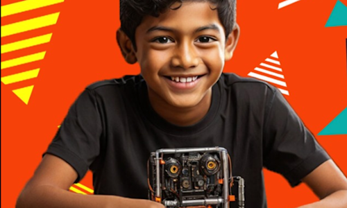 A young boy shows his digital project, against an illustrated red background.
