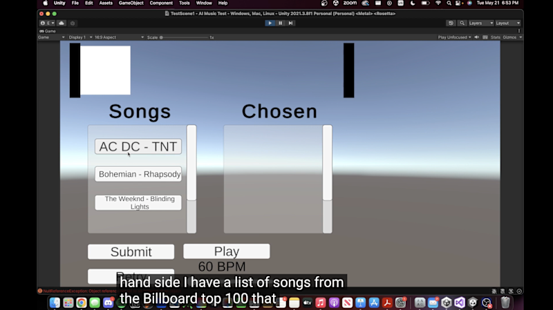 A screenshot from the video of a previous submission, depicting description of a project called "Song Generator"