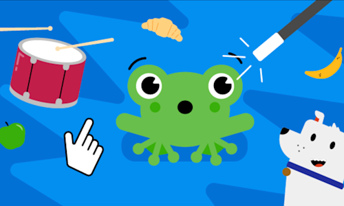 An illustration depicting a drum, a frog and a dog, a mouse pointer, a croissant and apple and a banana, all on a blue background