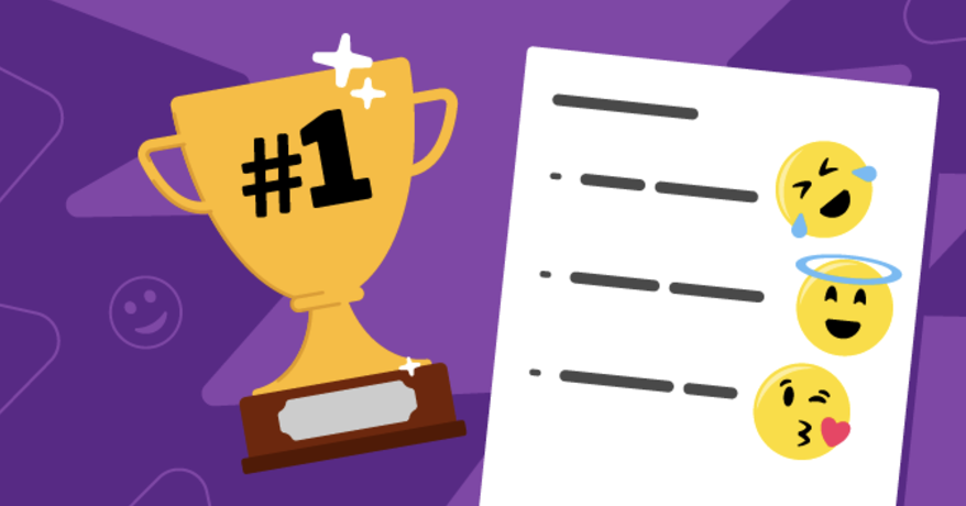 Illustration of a trophy and document showing positive emojis