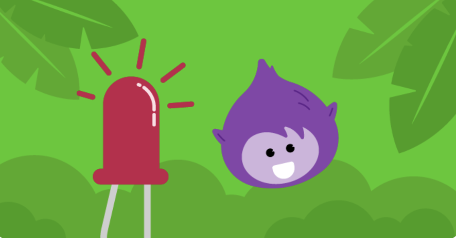 Illustration of a red LED next to a Scratch alien character, with a jungle background