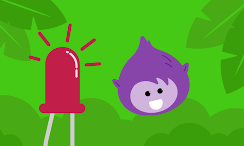 Illustration of a red LED next to a Scratch alien character, with a jungle background