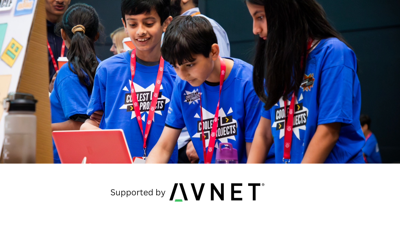An image of three young people attending Coolest Projects UK. Underneath the image is the Avnet logo, our category sponsors. 