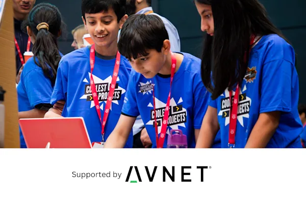 An image of three young people attending Coolest Projects UK. Underneath the image is the Avnet logo, our category sponsors.