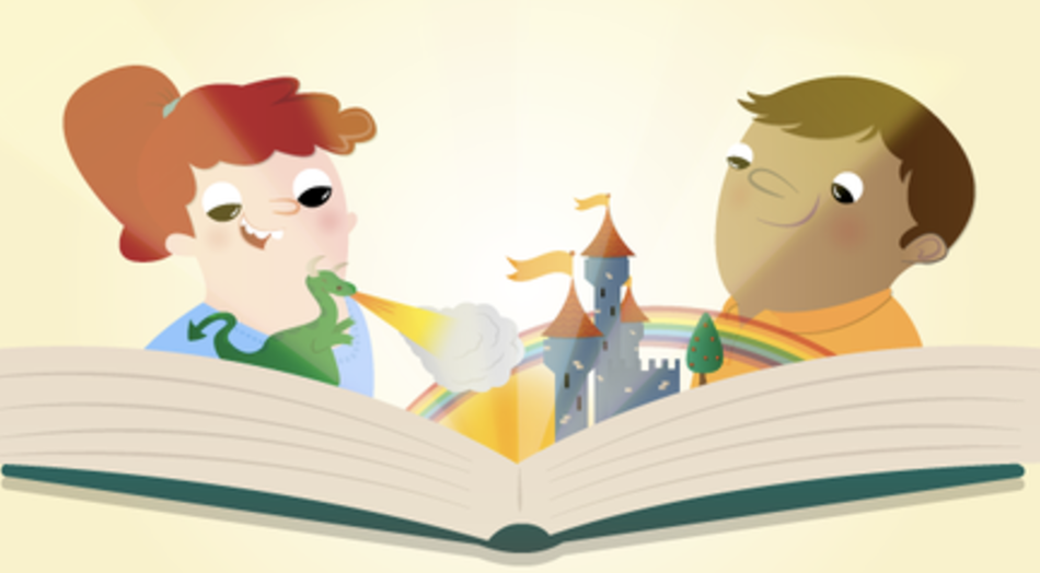 An illustration of two characters reading a book, with a dragon and a fantasy castle popping up out of the book
