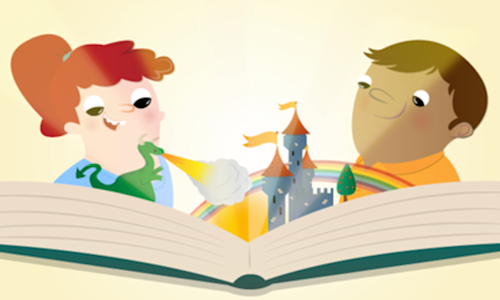 An illustration of two characters reading a book, with a dragon and a fantasy castle popping up out of the book