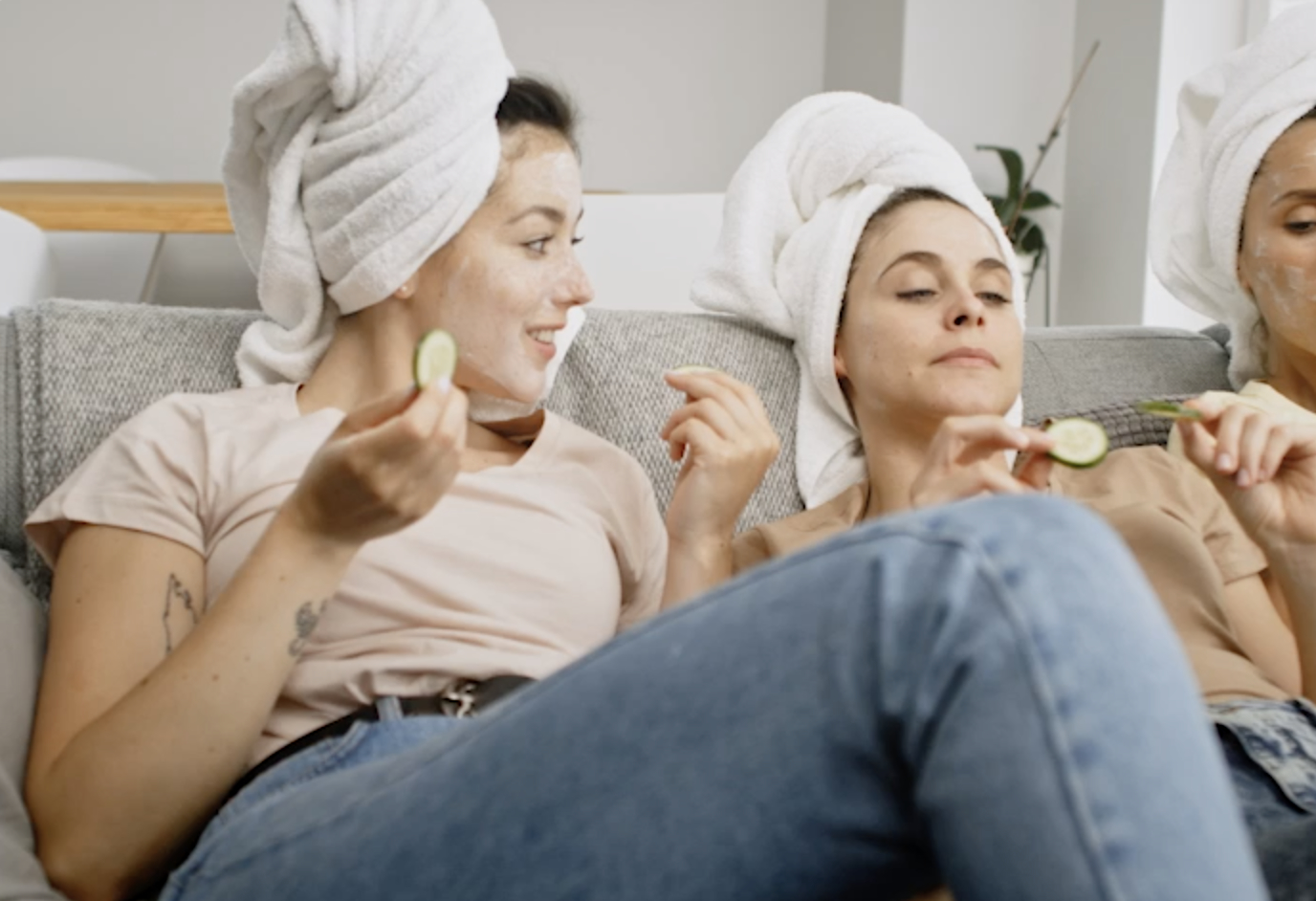 Video of three girls relaxing wile having a home spa.