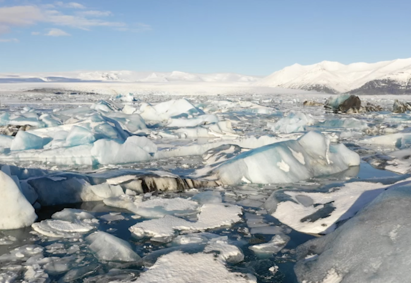 Climate change concept - drone flight icebergs melting glaciers Iceland