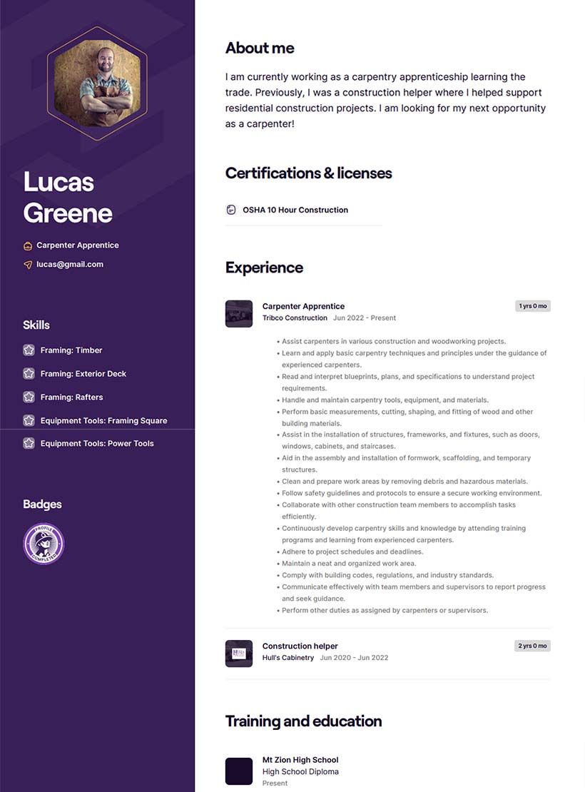 carpenter apprentice resume lucas greene