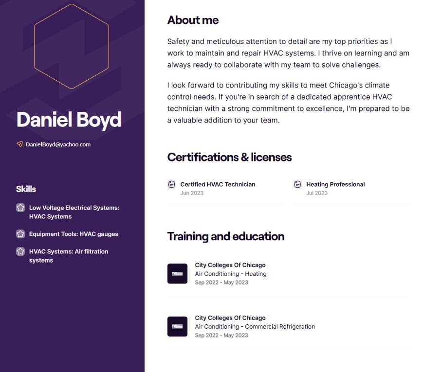 Apprentice HVAC tech resume Daniel Boyd