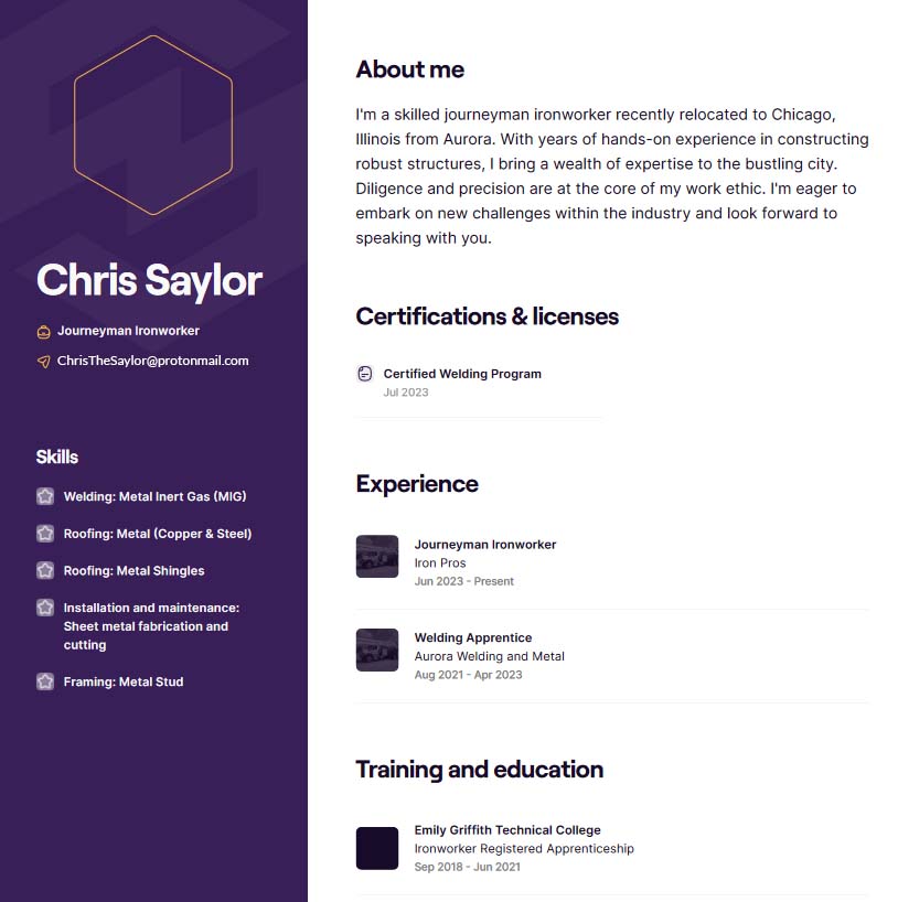 Chris Saylor journeyman ironworker resume sample
