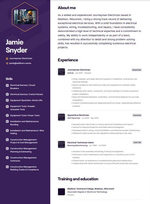 Journeyman electrician resume sample Jamie Snyder