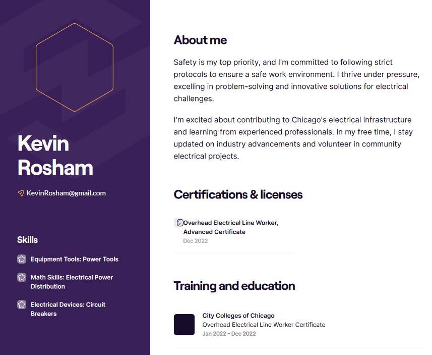 Kevin Rosham lineman resume apprentice