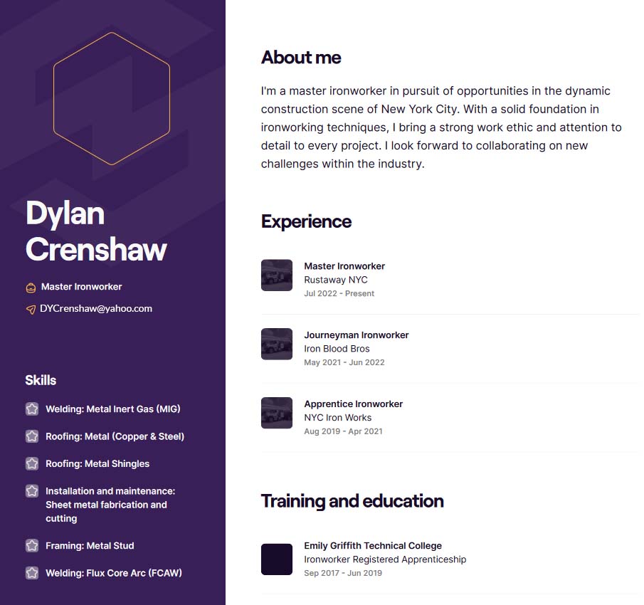 Dylan Crenshaw master ironworker resume sample