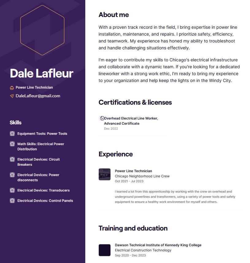 Dale Lafleur journeyman lineman resume example