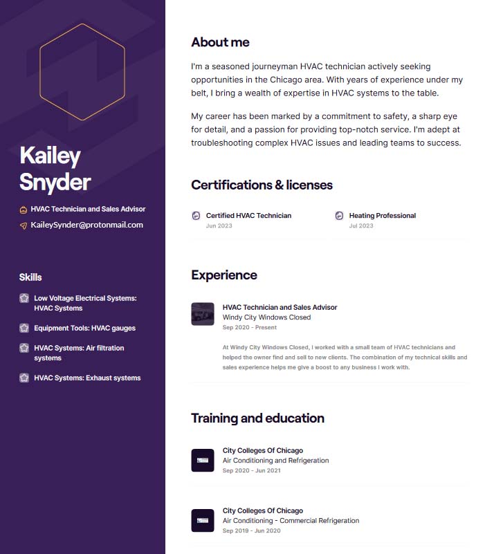 Journeyman HVAC tech resume Kailey Snyder