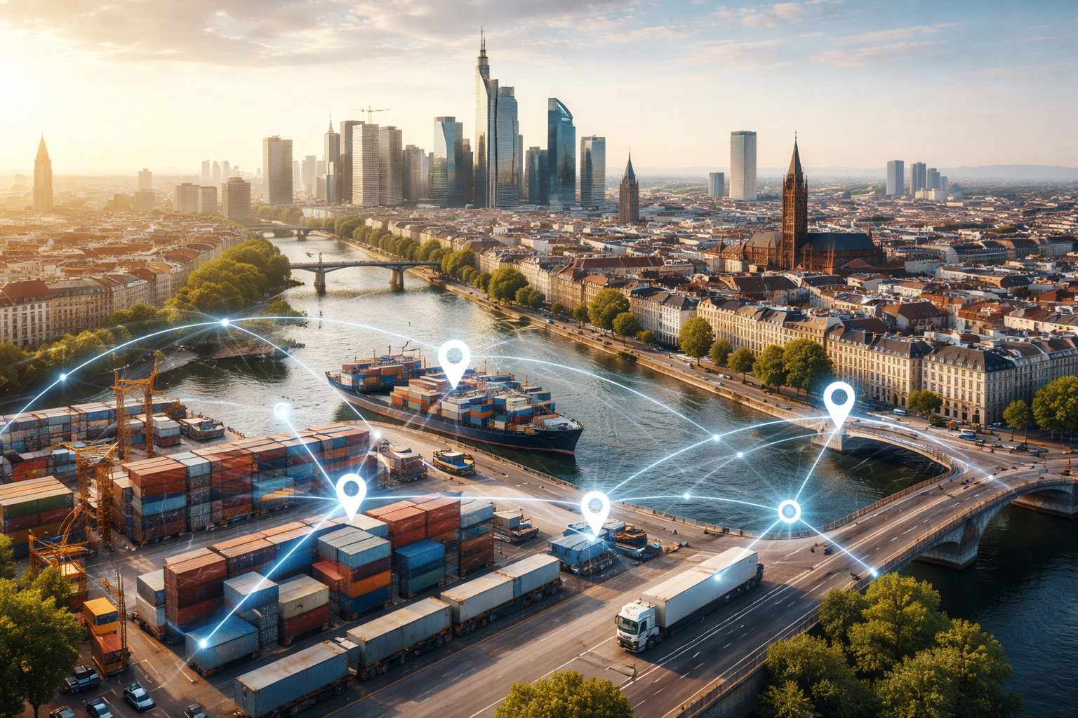 City landscape showing the interconnectedness of supply chain management