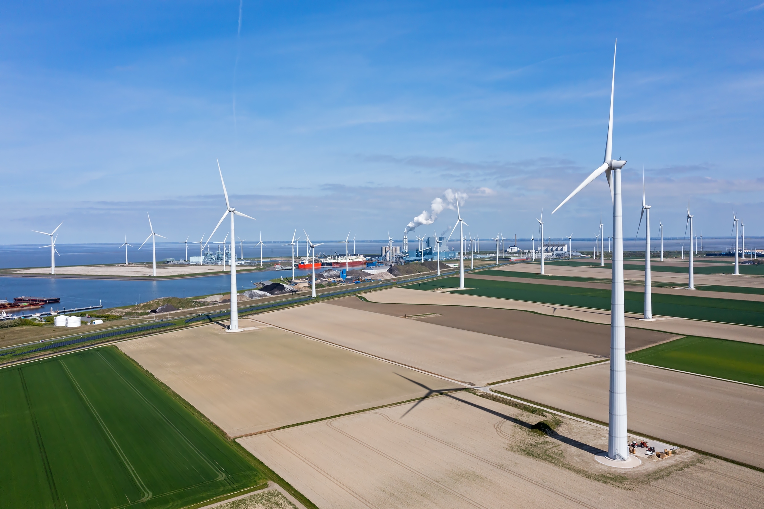 Aerial from windmills and industry at Eemshaven in the Netherlands