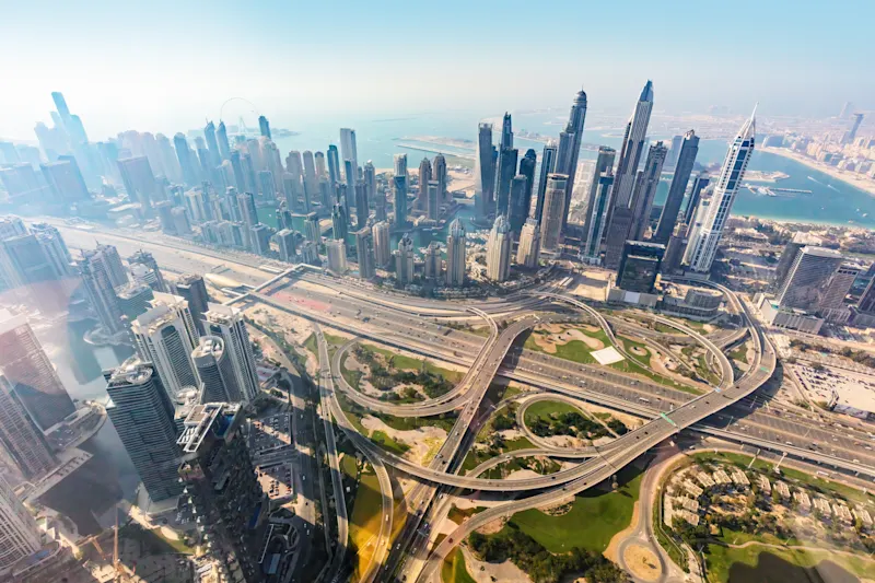 Understanding Physical vs. Transitional Climate Risks Dubai aerial view of marina skyscrapers at sunset. Helicopter view