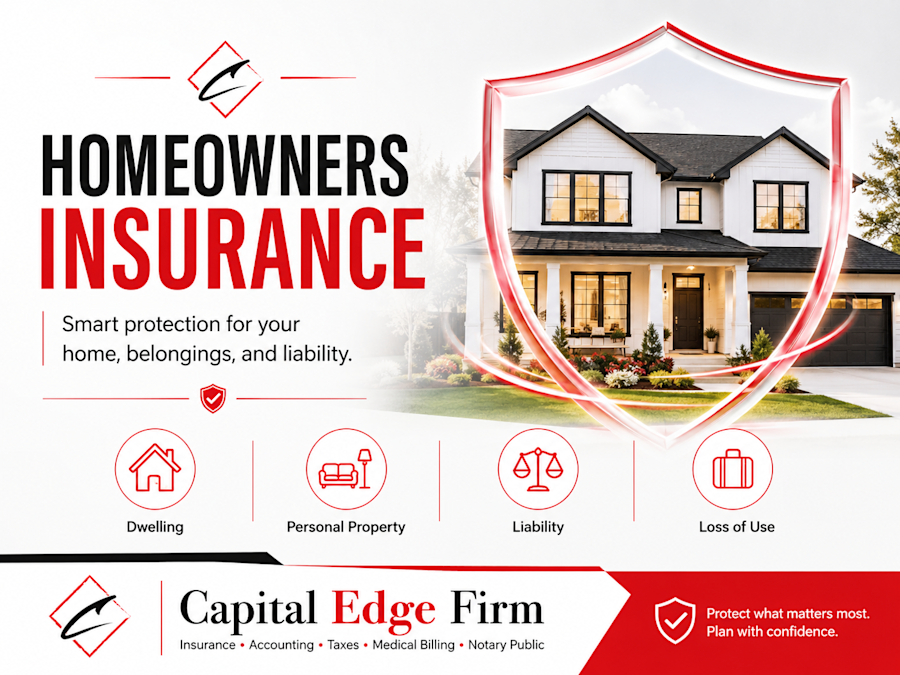 A modern family home protected by an insurance shield, representing homeowners insurance coverage for the dwelling, personal property, liability protection, and loss of use. Designed for Capital Edge Firm’s educational guide on homeowners insurance in Florida.